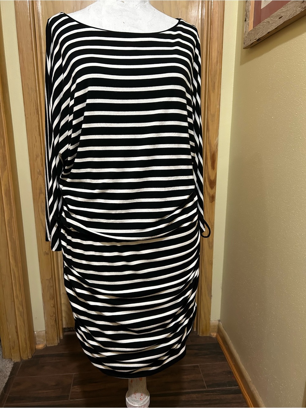 White House Black Market Black and White Striped Long Sleeve Boatneck Dress